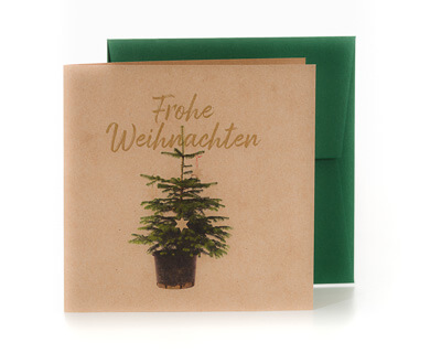 Weihnachtskarte für naturverbundene mit Tannenbaum im Topf auf Kraftpapier